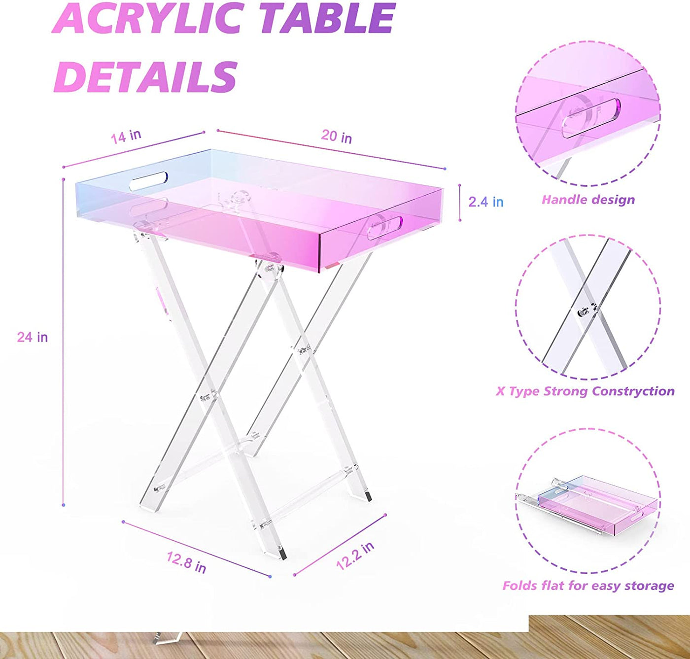 Acrylic Iridescent Coffee Table, Folding Tray End Table, Modern Chic Accent Desk-Living Room,Bedroom and Bar Serving20X14 Inch,24 Inch High